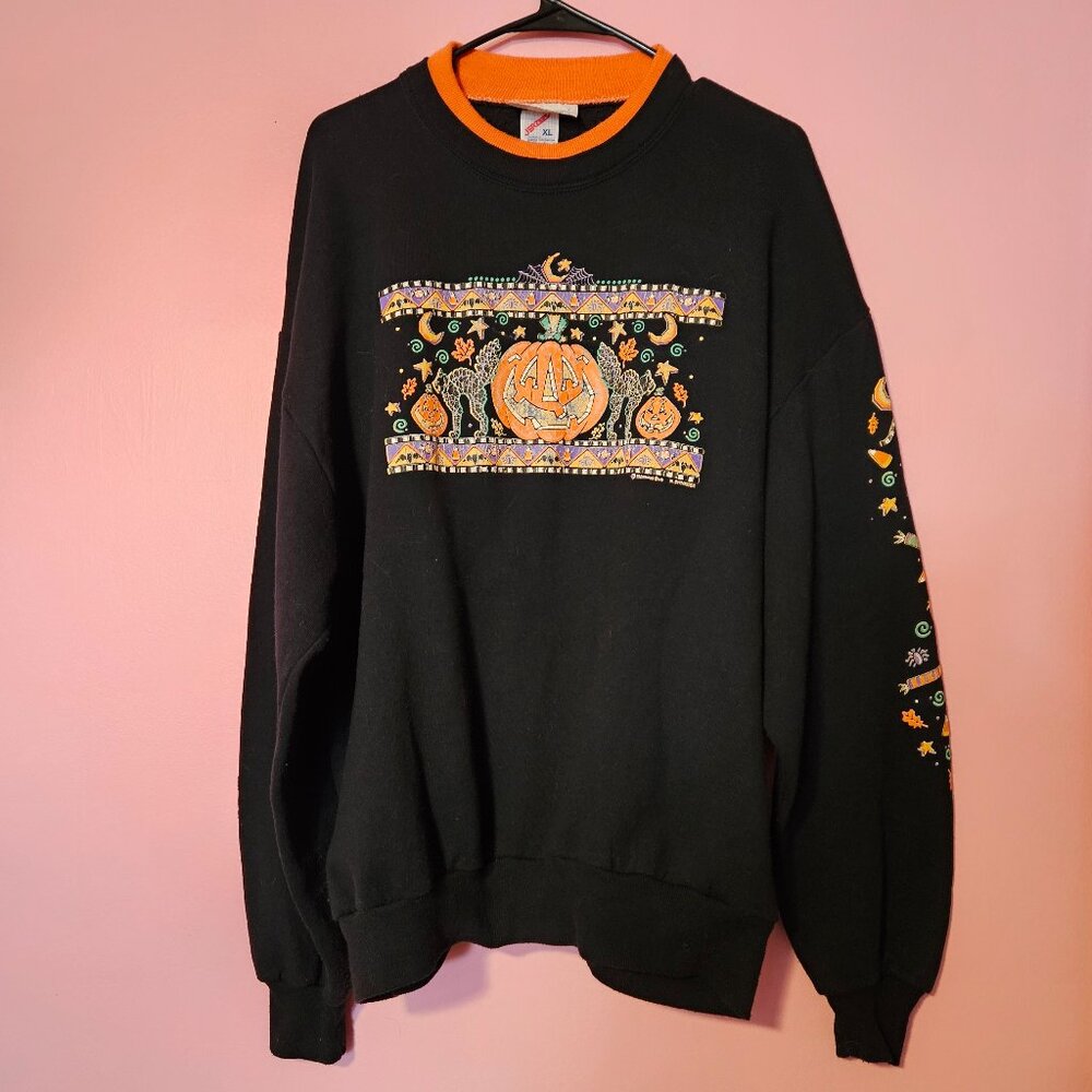Vintage Cracker Barrel Halloween Candy Sweatshirt Cats Pumpkin Black Orange XL